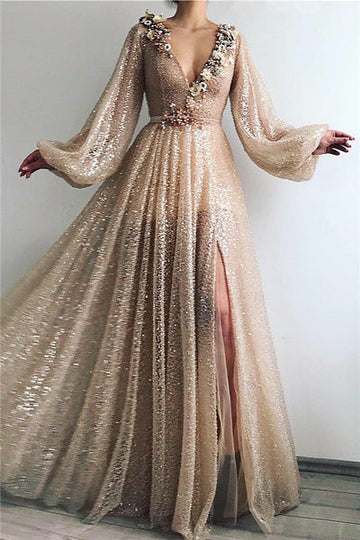 SPARKLE SEQUINS LONG SLEEVESS PROM PARTY GOWNS| CHIC V-NECK FRONT SLIT LONG PROM PARTY GOWN HZ1023
